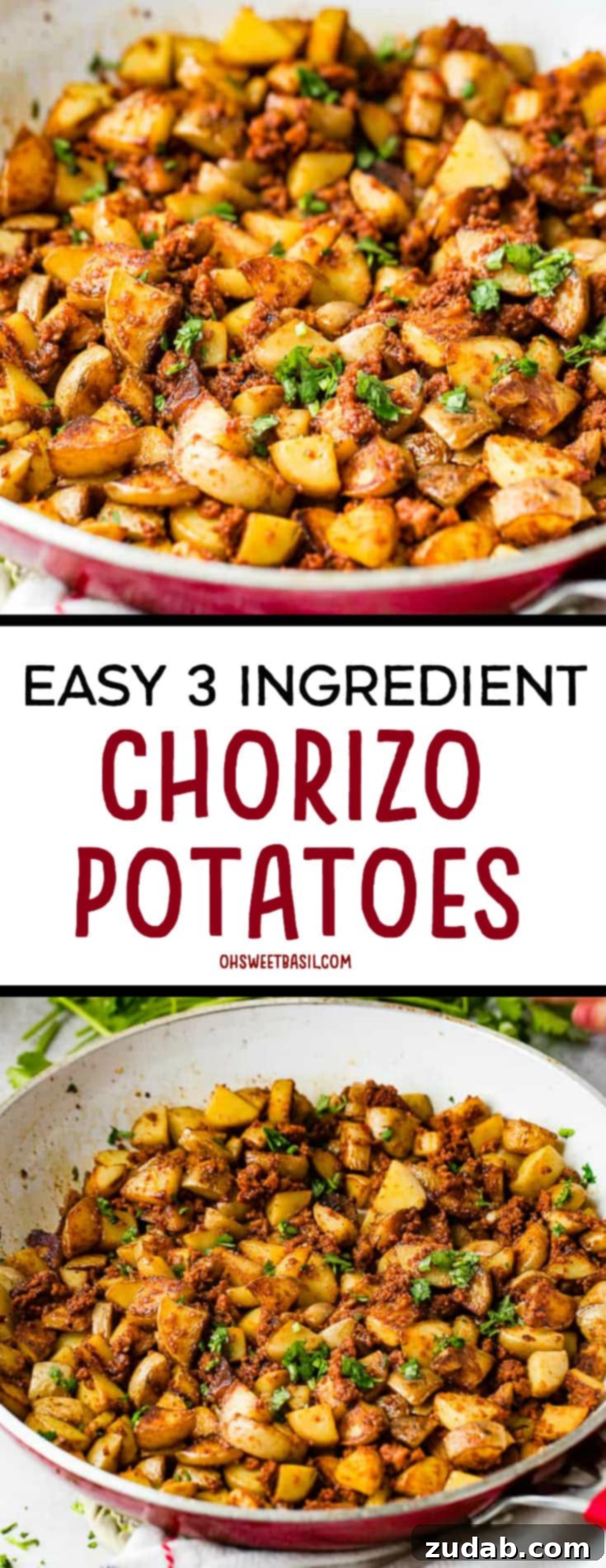Simple Chorizo Potato Skillet 11 A red and white skillet with quick and easy 3-ingredient chorizo potatoes, garnished with fresh cilantro, presented as a savory and colorful meal idea.