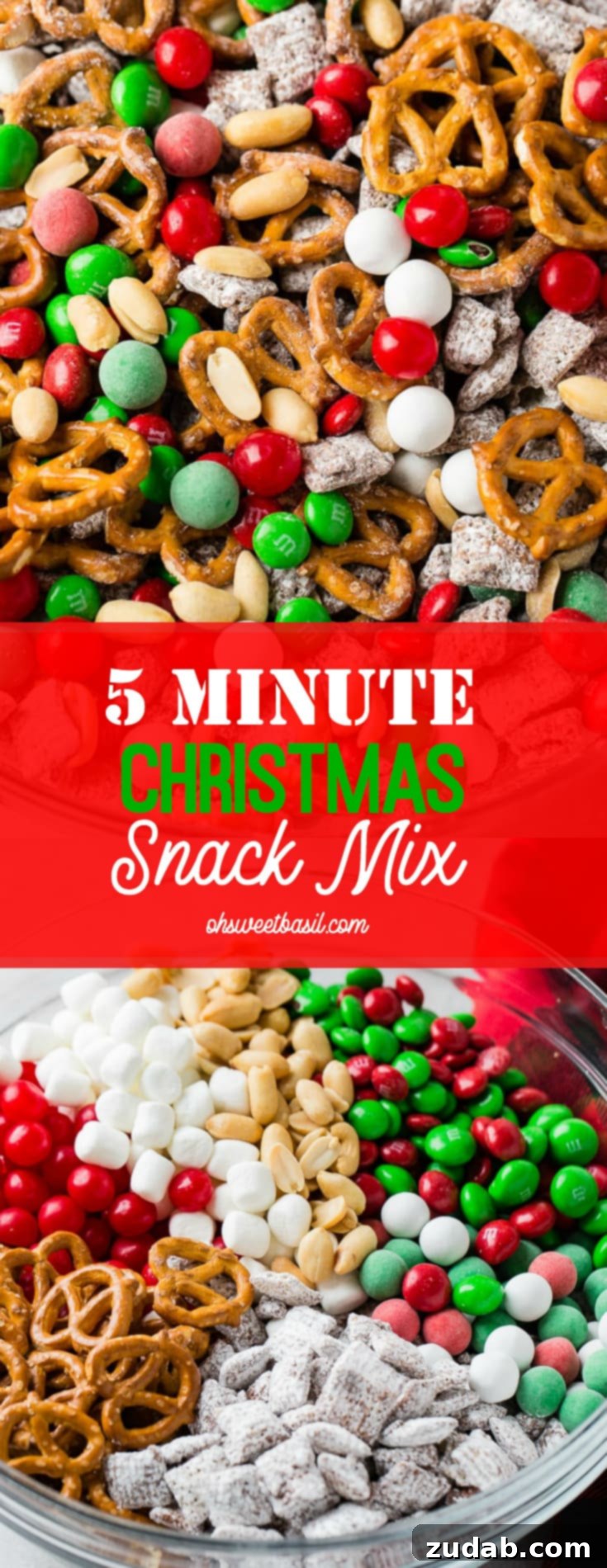 Jolly 5 Minute Christmas Crunch 7 An overhead shot of the 5-Minute Christmas Snack Mix in a glass bowl, beautifully styled for the holidays.