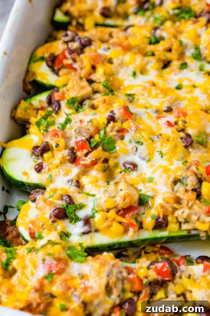 Guilt-Free Cheesy Mexican Zucchini Boats 2 A casserole dish filled with beautifully crafted cheesy healthy Mexican zucchini boats, topped with melted cheese and fresh cilantro. The filling is rich with brown rice, colorful bell peppers, black beans, and diced tomatoes, all infused with a savory salsa.