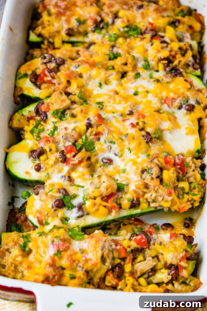 Guilt-Free Cheesy Mexican Zucchini Boats 3 A second close-up shot of the casserole dish, showcasing the vibrant colors and textures of the cheesy healthy Mexican zucchini boats. The rich melted cheese, seasoned chicken, brown rice, black beans, and fresh vegetables are clearly visible, highlighting the appealing nature of the dish.