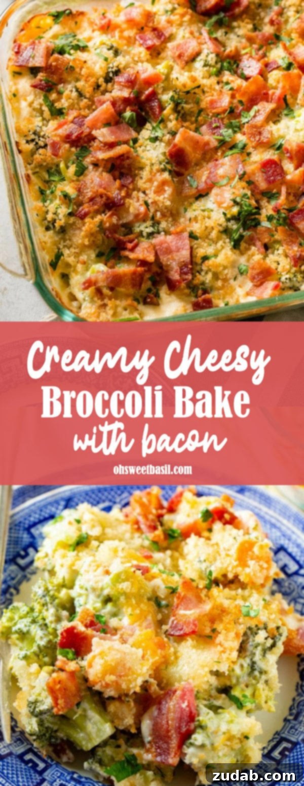 Ultimate Cheesy Bacon Broccoli Bake 8 A top-down view of a creamy cheesy broccoli bake in a casserole dish, topped with crunchy bacon bits and golden panko bread crumbs, ready to be served as a comforting side dish.