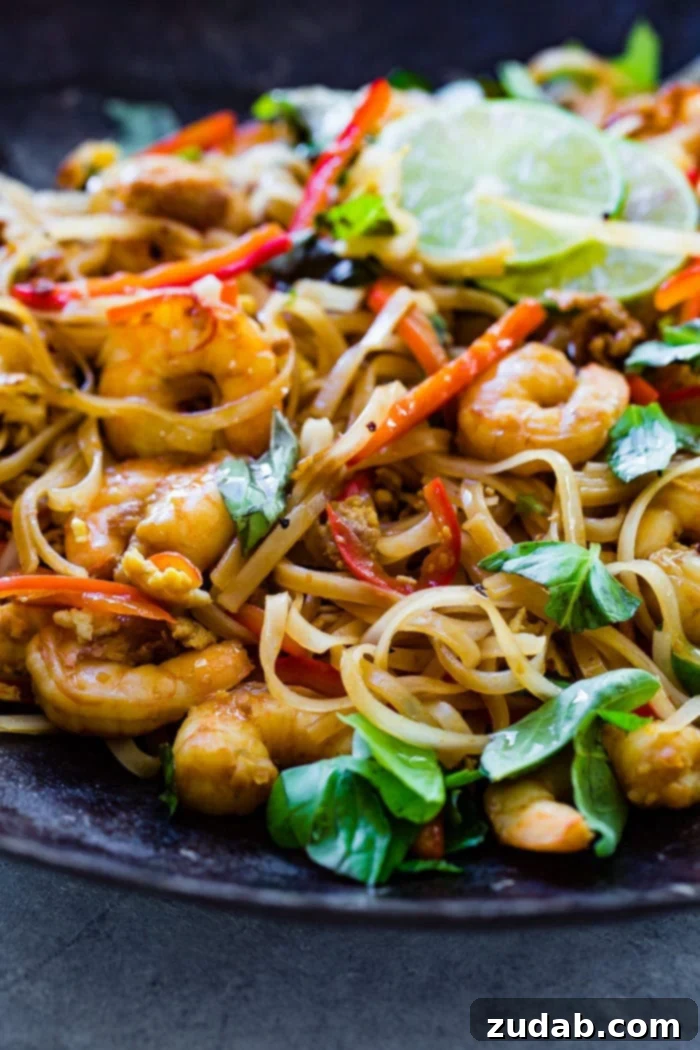 Zesty One-Pan Asian Shrimp Noodles 4 A beautifully plated dish of One Pan Simple Asian Shrimp Noodles, featuring perfectly cooked shrimp, silky rice noodles, crunchy red bell peppers, and fresh basil, garnished with lime.