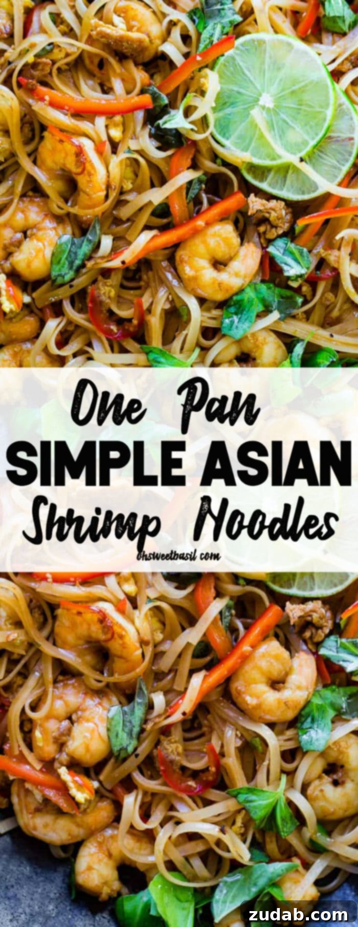Zesty One-Pan Asian Shrimp Noodles 8 A vibrant platter of cooked shrimp, delicate rice noodles, crisp red bell peppers, and fresh basil leaves, beautifully garnished with bright lime slices, ready to be enjoyed.