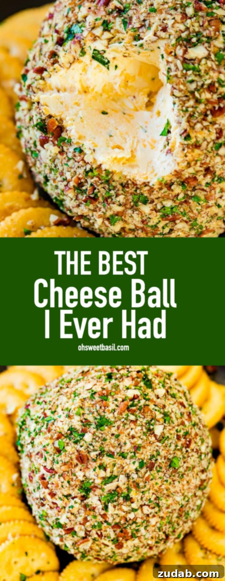 You Won't Believe This Cheese Ball 3 a close up of a cheese ball with a scoop taken out of it showing the pecans, parsley, cheese, cream cheese and crackers around it