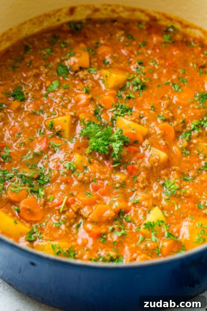 Hearty Weeknight Ground Beef Stew 4 a blue le creuset pot full of quick and easy ground beef stew with potatoes, carrots and parsley on top