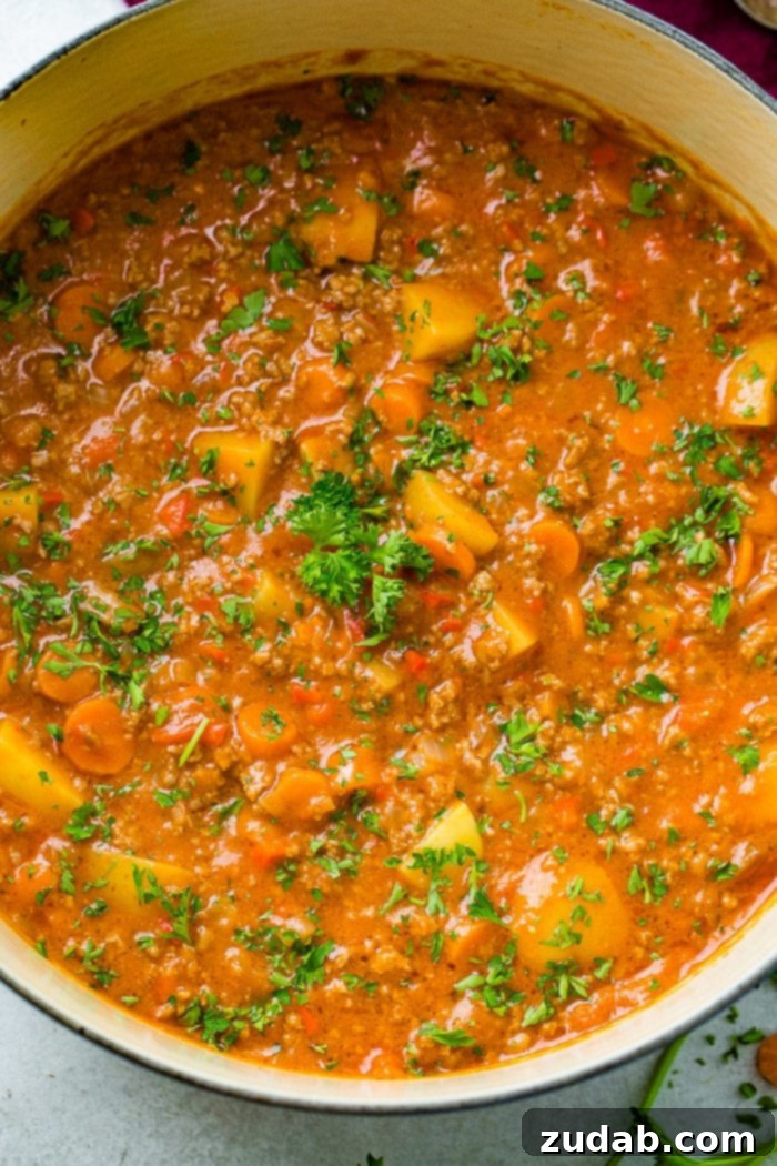 Hearty Weeknight Ground Beef Stew 5 a blue le creuset pot full of quick and easy ground beef stew with potatoes, carrots and parsley on top