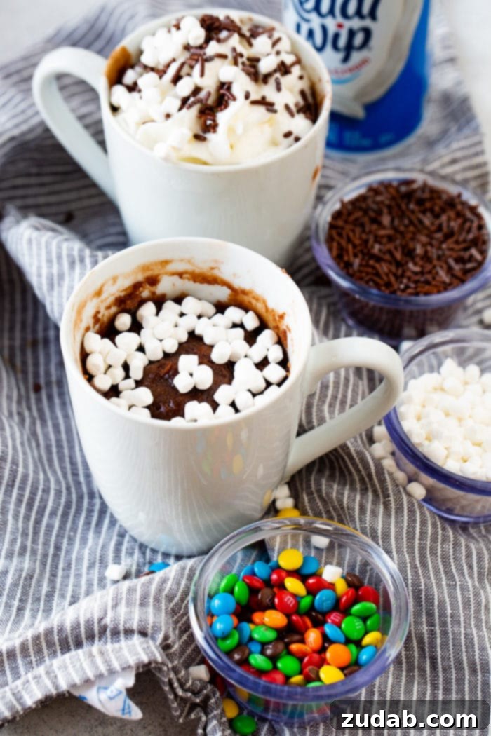 Two white mugs filled with cooked brownies. One is topped with fluffy whipped cream and colorful sprinkles, while the other boasts a generous topping of mini marshmallows. Surrounding the mugs are small bowls of additional sprinkles, marshmallows, and mini M&Ms, inviting a customizable dessert experience.