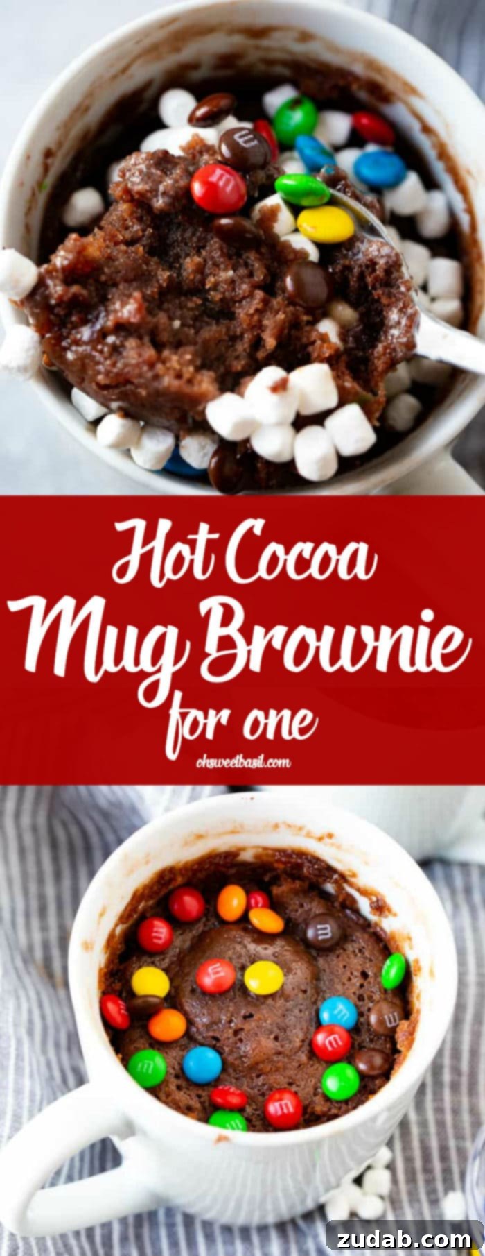 Two white mugs filled with freshly baked brownies, one adorned with a swirl of whipped cream and colorful sprinkles, and the other topped with fluffy mini marshmallows. The mugs are surrounded by small bowls of additional toppings including sprinkles, marshmallows, and mini M&Ms, inviting customization for each delicious bite.