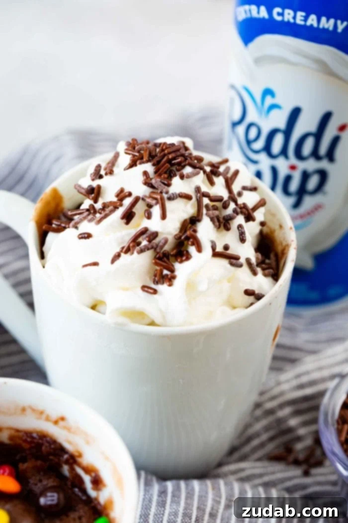 A close-up photo of a white mug filled with a freshly baked brownie, generously topped with whipped cream and a sprinkle of chocolate shavings. A can of Reddi-Wip is visible in the softly blurred background, suggesting the ease of topping this quick dessert.