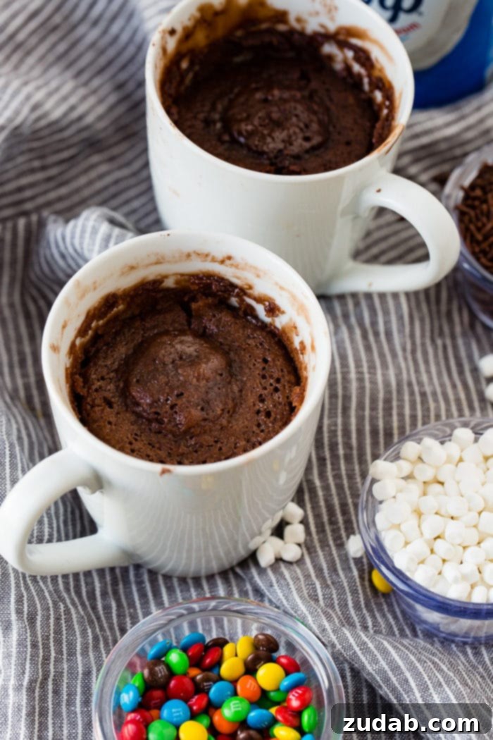 Two white mugs filled with warm, cooked brownies, ready for customization. They are surrounded by small, inviting bowls containing an assortment of toppings: colorful sprinkles, fluffy mini marshmallows, and classic mini M&Ms, offering endless possibilities for personalizing your dessert.