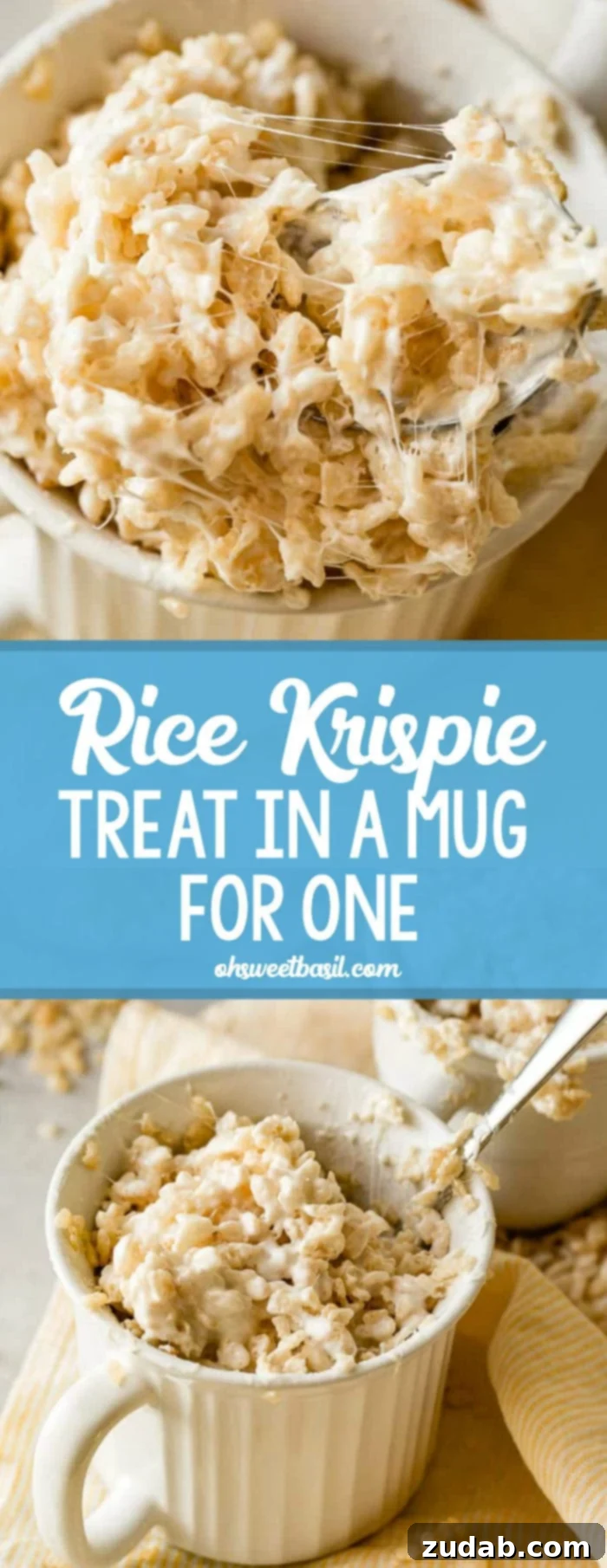 2-Minute Rice Krispie Treat in a Mug 7 A photo of gooey rice krispie treat in a white mug with someone taking a spoonful out.