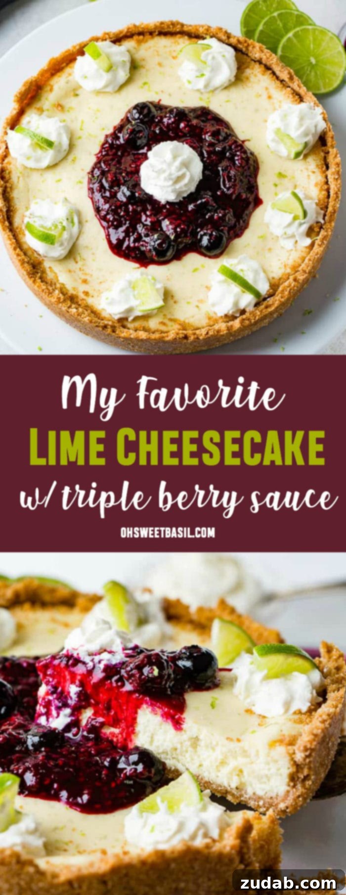 Sunshine Lime Cheesecake with Berry Swirl 14 An aerial photo of a whole cheesecake on a white serving platter with dollops of whipped cream around the edges with a slice of lime in each dollop and a pile of triple berry sauce in the middle with a dollop of whipped cream on top