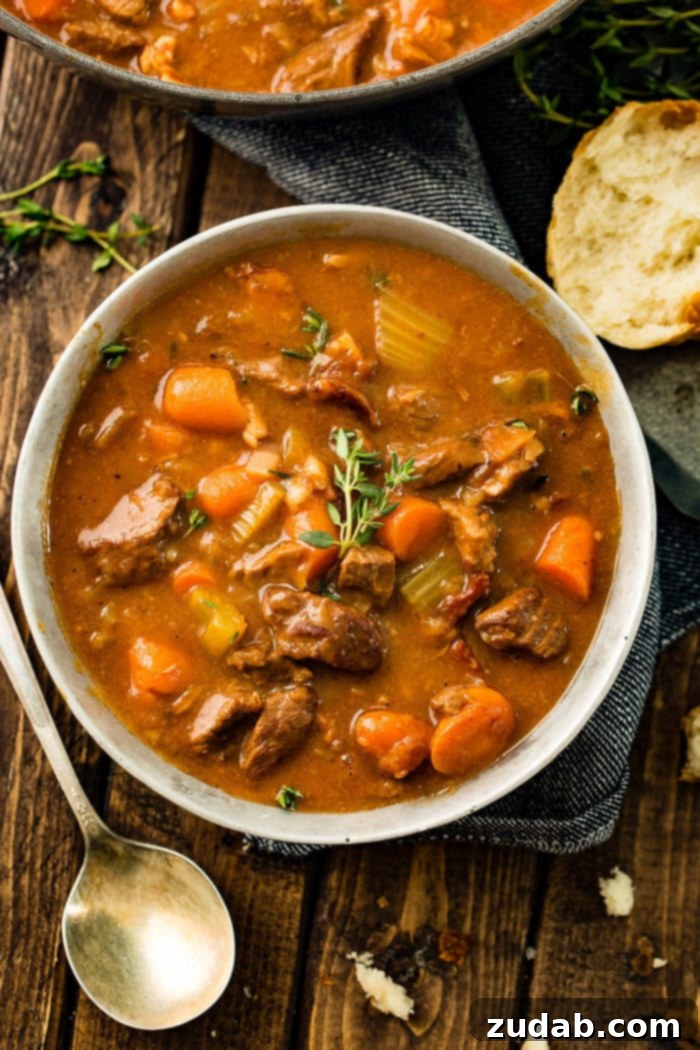 Hearty Irish Guinness Stew 4 A close-up of a serving of Irish Beef Stew, showcasing the succulent beef and hearty vegetables.