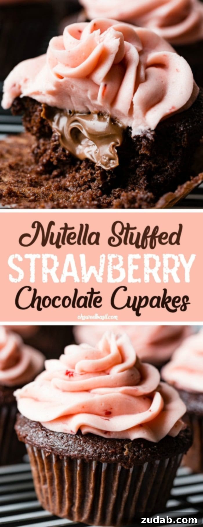 Nutella Lava Strawberry Chocolate Cupcakes 10 a close up of a nutella stuffed chocolate cupcake with strawberry buttercream frosting