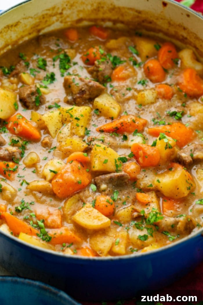Hearty Old-Fashioned Beef Stew 4 A close up photo of a dutch oven full of cooked beef stew containing beef chunks, potatoes, and carrots and garnished with chopped fresh parsley, emphasizing the rich, savory broth and perfectly cooked ingredients.