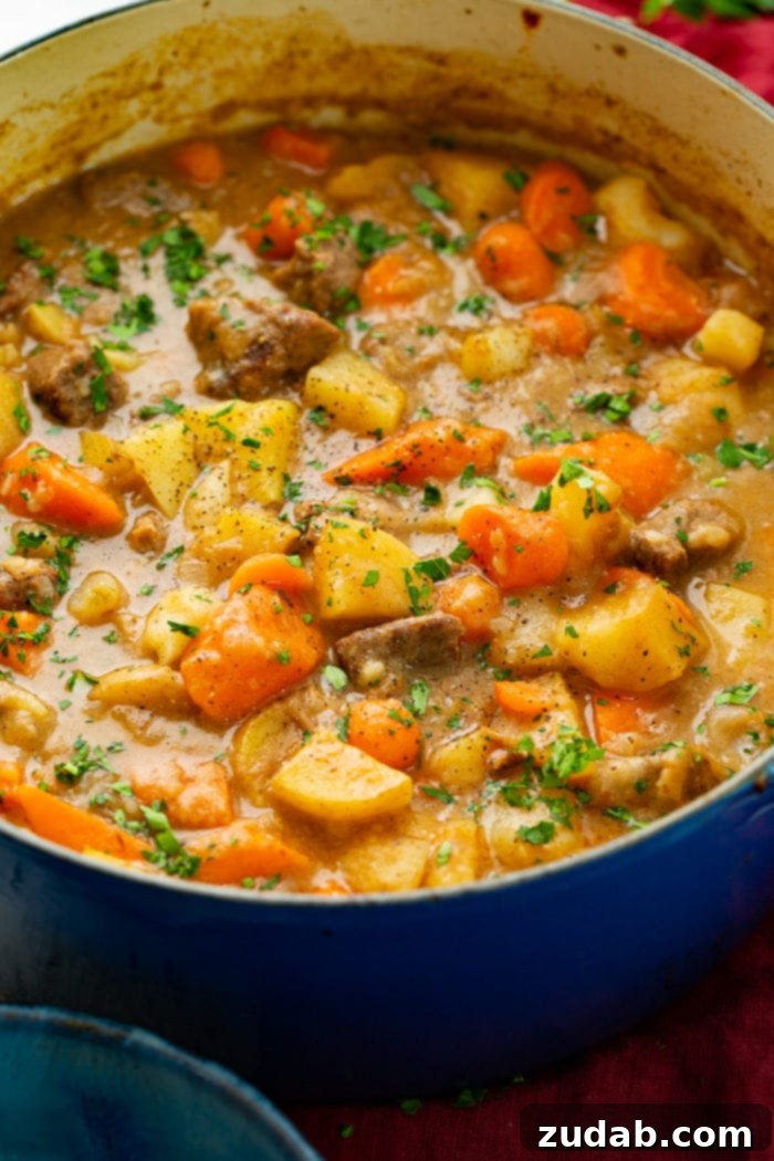 Hearty Old-Fashioned Beef Stew 6 A close up photo of a dutch oven full of cooked beef stew containing beef chunks, potatoes, and carrots and garnished with chopped fresh parsley, showcasing the rich, slow-simmered perfection.
