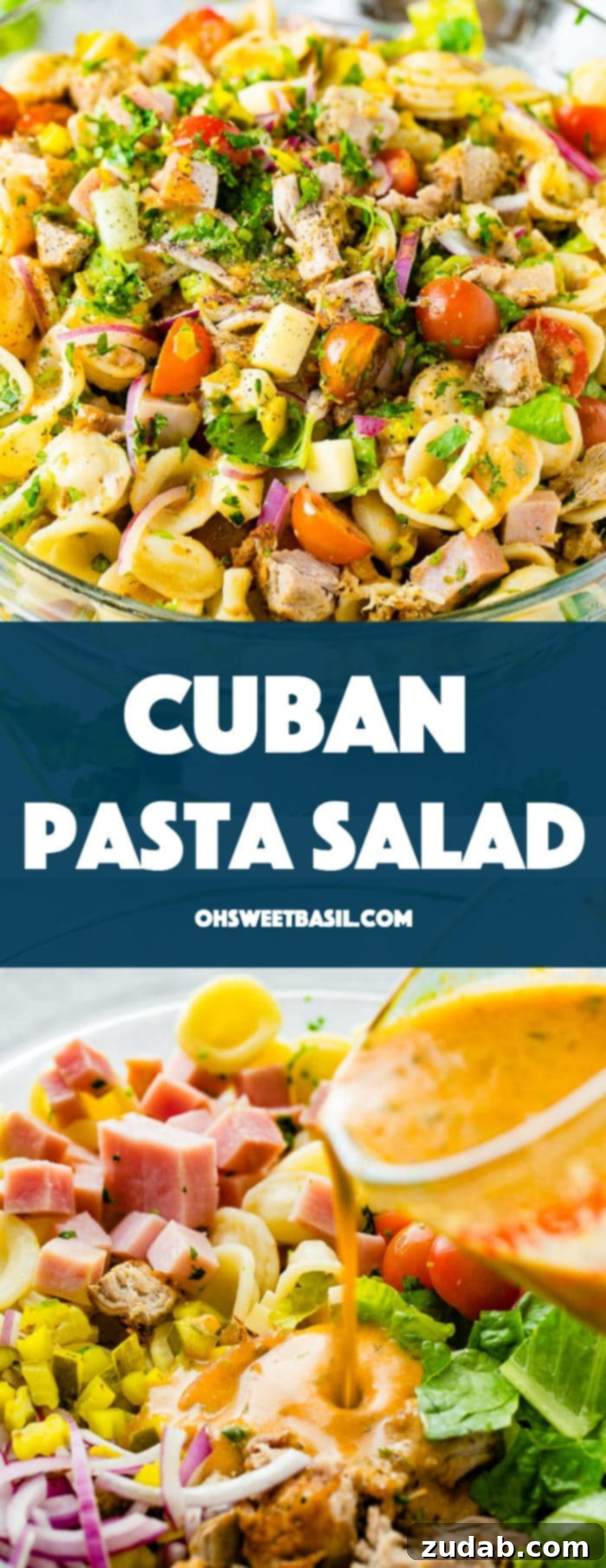 Cuban Pasta Salad 10 A photo of a cuban pasta salad with pork, ham, cubed swiss cheese, tomatoes, purple onions, and fresh herbs.