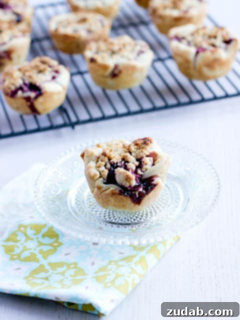 Dainty Blackberry Delights 3 Close-up of a single mini blackberry pie, highlighting the juicy filling and crumbly topping.