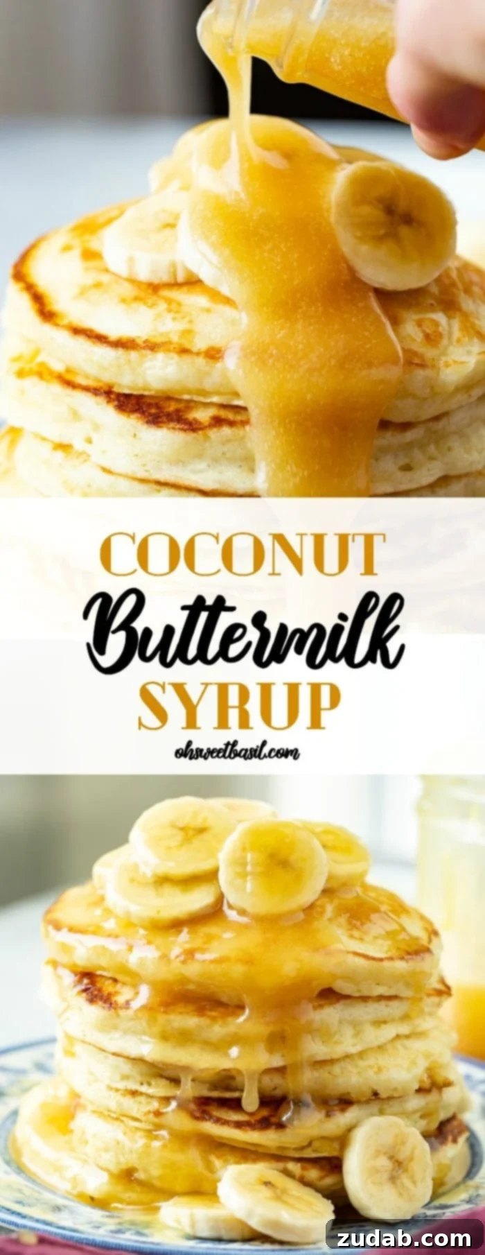 Luscious Coconut Buttermilk Syrup 7 A beautiful shot of coconut buttermilk syrup being generously poured over a tall stack of pancakes, adorned with fresh banana slices. The syrup glistens, hinting at its rich, tropical flavor.