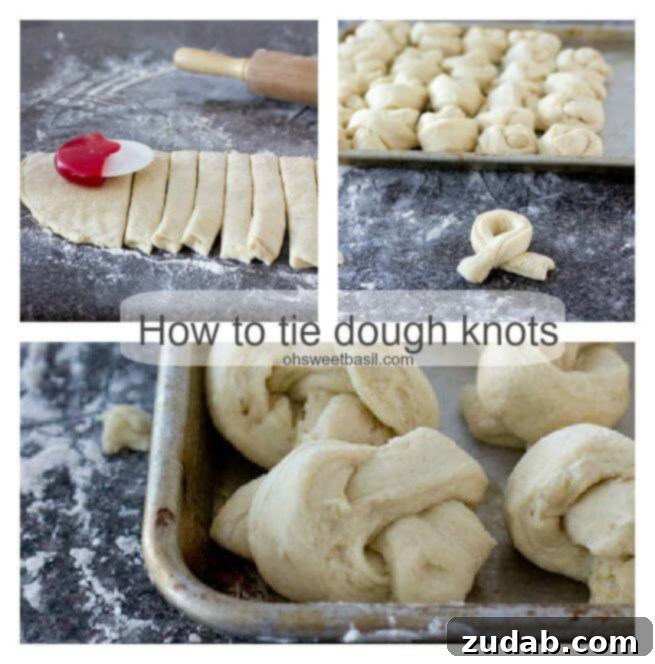 Step-by-step image guide showing how to tie potato dough strips into elegant knots for baking.