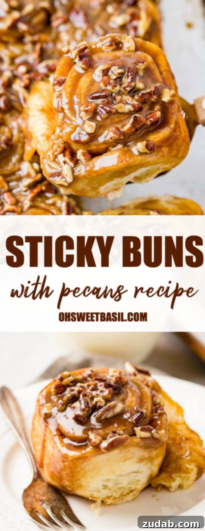 Irresistible Pecan Sticky Buns 10 A photo of a sticky bun taking from above covered in a caramel glaze and chopped pecans.