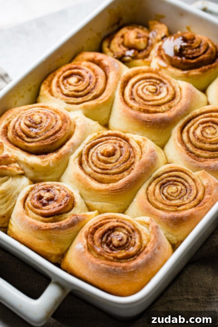 Irresistible Pecan Sticky Buns 3 A ohoto of a dozen sweet rolls still sitting in the baking dish so the gooey caramel side is face down.