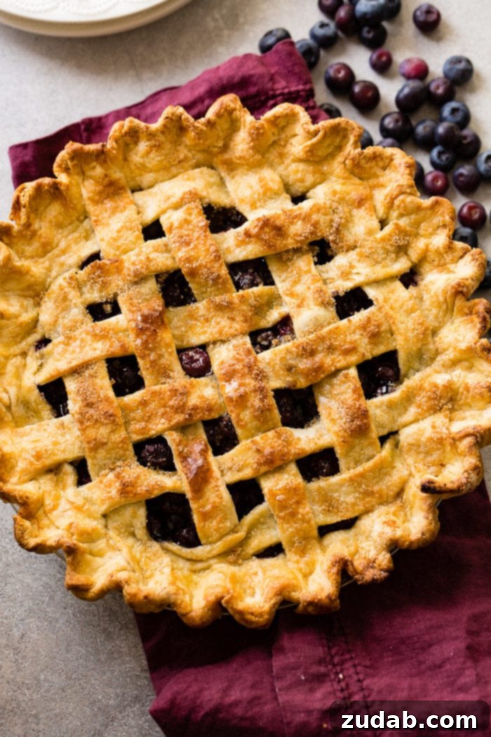 Effortless Blueberry Pie 3 A photo of a whole blueberry pie with a beautiful lattice top and a perfectly golden, flaky crust.