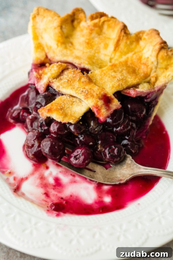 Effortless Blueberry Pie 5 A photo of a slice of blueberry pie on a white plate, with a bite taken out and a fork resting on the side.