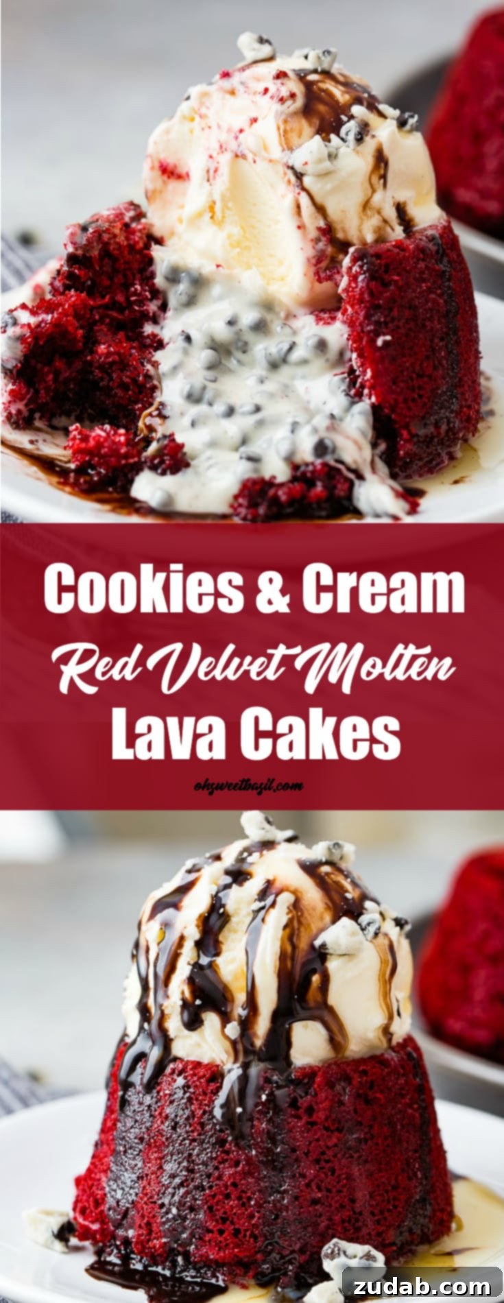 A stunning red velvet molten lava cake, its center a gooey cascade of cookies and cream chocolate, perfectly contrasted with a scoop of vanilla ice cream and a luscious chocolate drizzle.