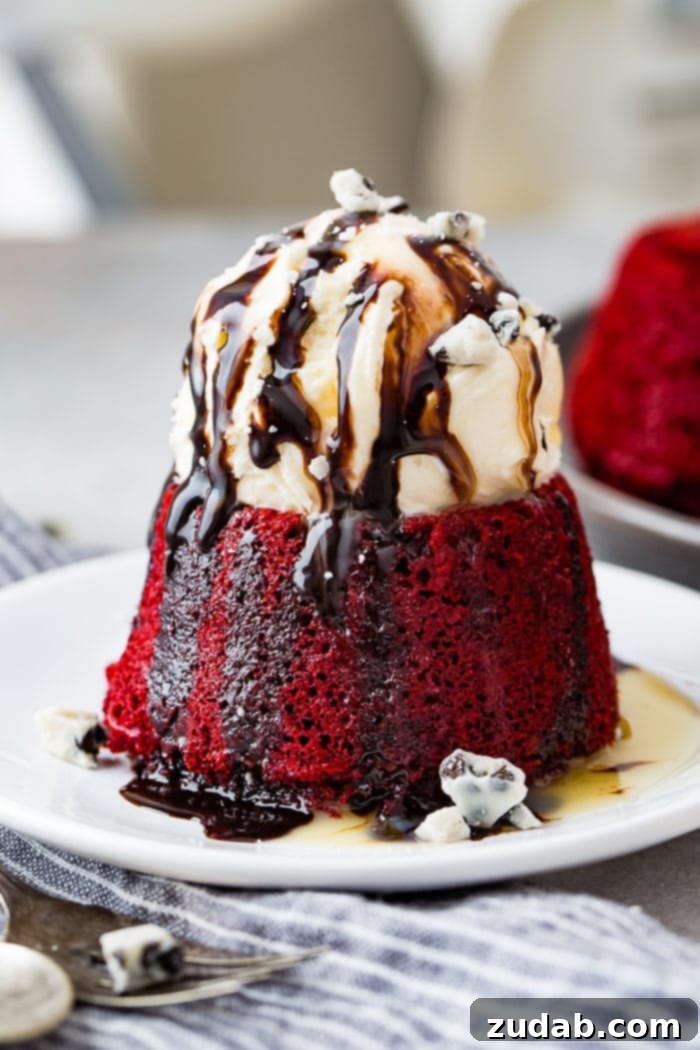 A close-up shot of a perfectly baked red velvet cake, topped with a melting scoop of rich vanilla ice cream. Streams of glistening chocolate sauce cascade down its sides, inviting a delicious indulgence.
