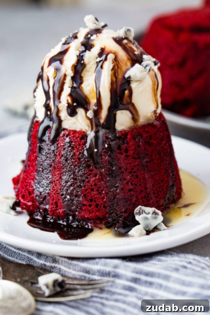 A vibrant red velvet cake crowned with a generous scoop of creamy vanilla ice cream. Rich chocolate sauce artfully drizzles down the sides of the cake, creating an inviting and indulgent presentation.