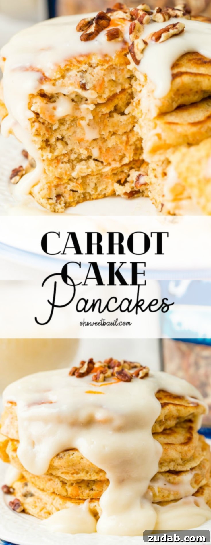 Sweet and Spiced Carrot Cake Pancakes 9 A photo of a stack of four carrot cake pancakes with a thick white cream cheese sauce poured over the top with a few chopped pecans and shredded carrots on top.