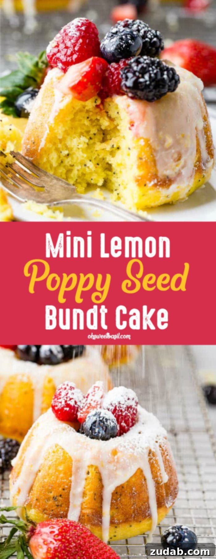 Zesty Lemon Poppy Seed Bundtlets 9 A photo of a mini lemon poppy seed bundt cake on white plate with a lemon glaze on top and fresh powder sugar dusted berries.