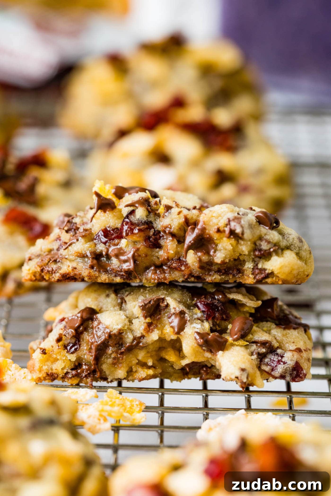 A beautifully broken craisin frosted flake cookie, stacked, with other cookies in the background, symbolizing a sweet treat and a valuable lesson.