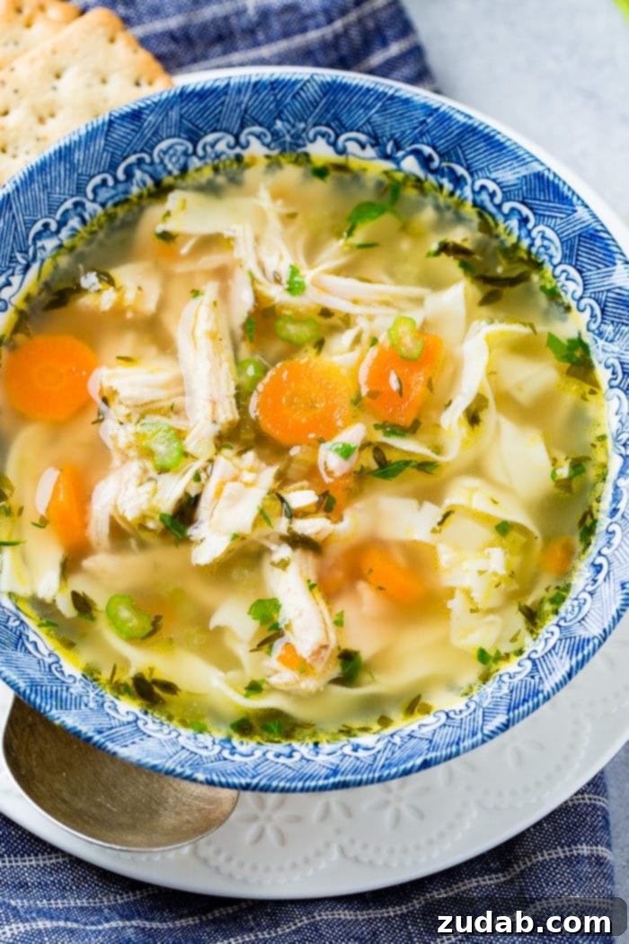 A steaming bowl of Instant Pot Chicken Noodle Soup, brimming with tender chicken, vibrant carrots, and fresh pasta, garnished with herbs. Perfect for a cozy meal.