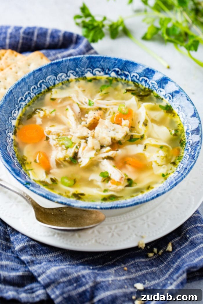A close-up shot of a hearty bowl of homemade chicken noodle soup, with chunks of chicken, colorful vegetables, and tender noodles, served in a blue bowl.