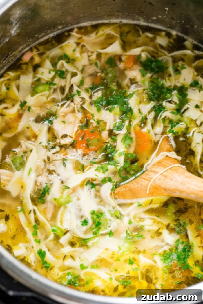 A large wooden spoon stirring a generous portion of homemade chicken noodle soup within the Instant Pot, ready to be dished out and savored.