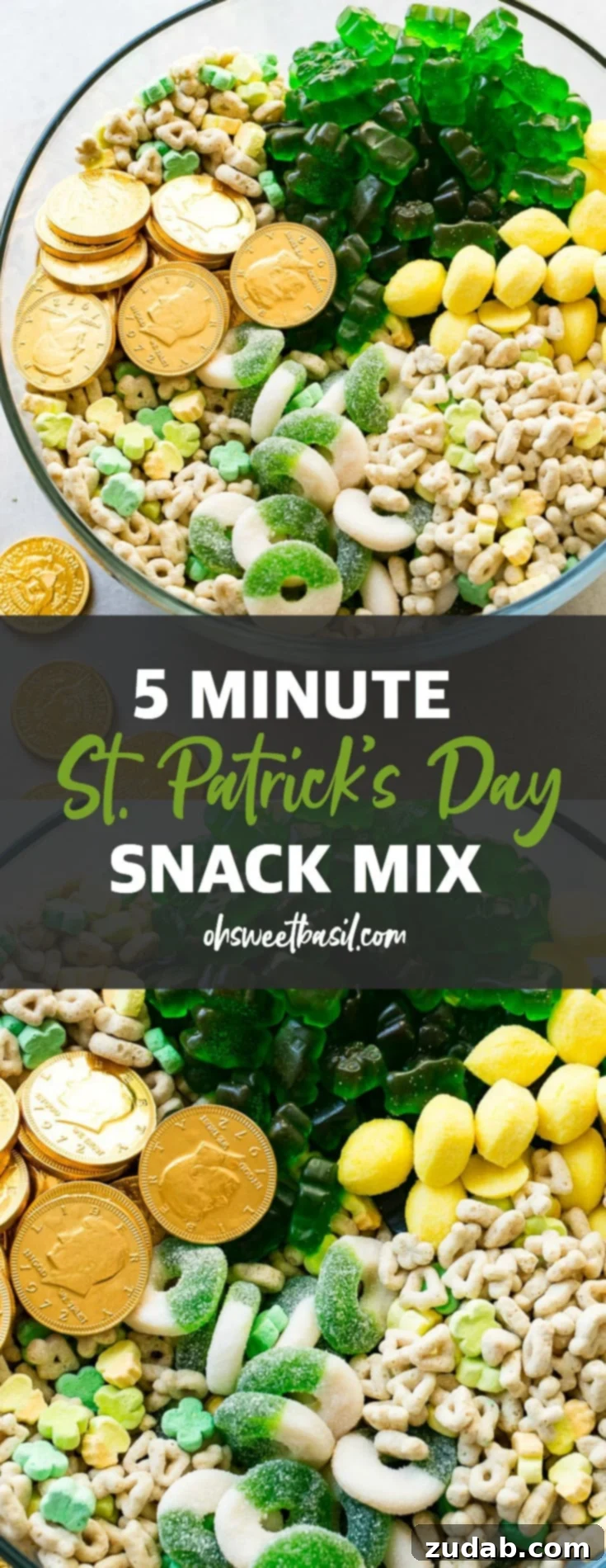 Lucky Leprechaun's 5-Minute Treat 8 A high-quality, full-frame shot of the St. Patrick's Day snack mix in a large, elegant glass bowl. The mix is a colorful medley of chocolate gold coins, Lucky Charms cereal with vibrant marshmallows, bright lemon drops, and various green gummy candies like apple rings and bears, creating an irresistible visual feast for holiday celebrations.