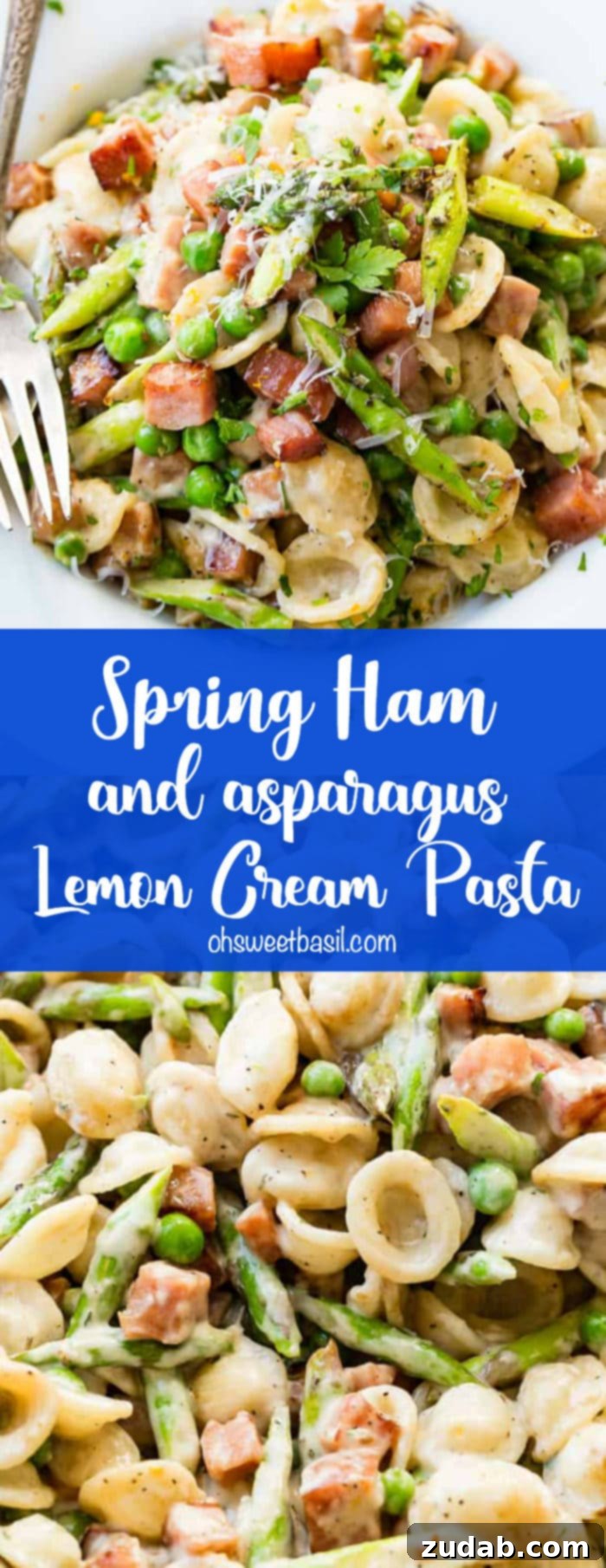 Full bowl of Spring Ham and Asparagus Lemon Cream Pasta, a delightful spring dish.