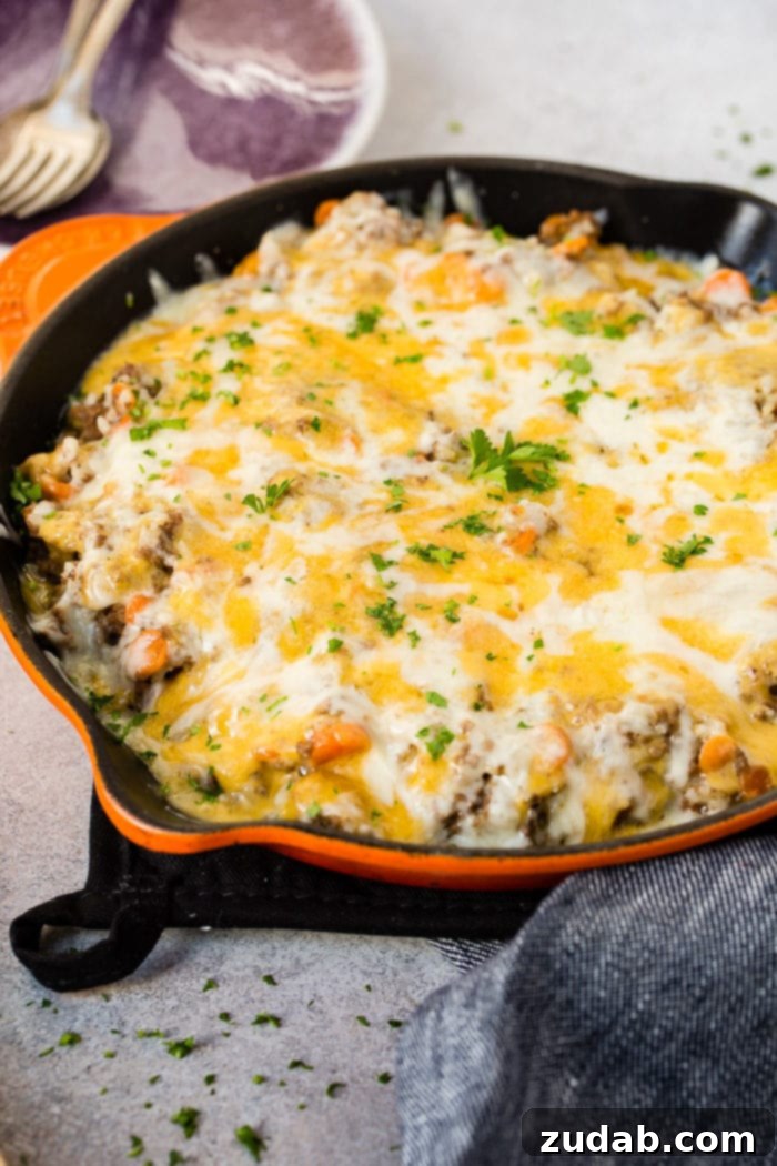 A photo cheesy ground beef and rice Instant Pot casserole in an orange cast iron skillet topped with melted cheesy and chopped fresh parsley.