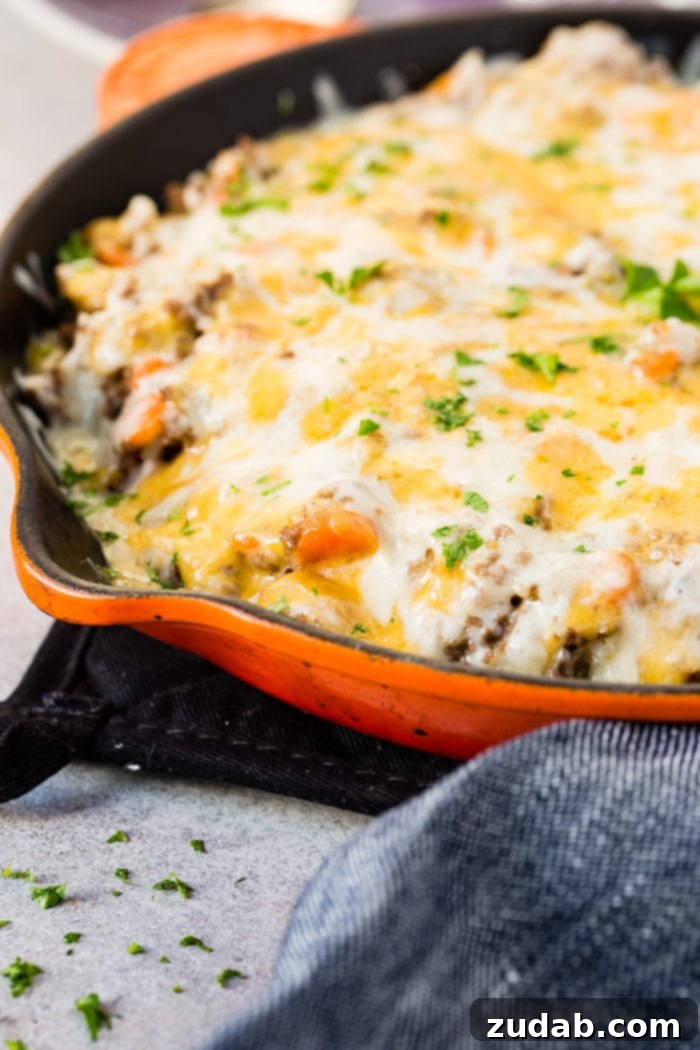 A photo cheesy ground beef and rice casserole in an orange cast iron skillet topped with melted cheesy and chopped fresh parsley.