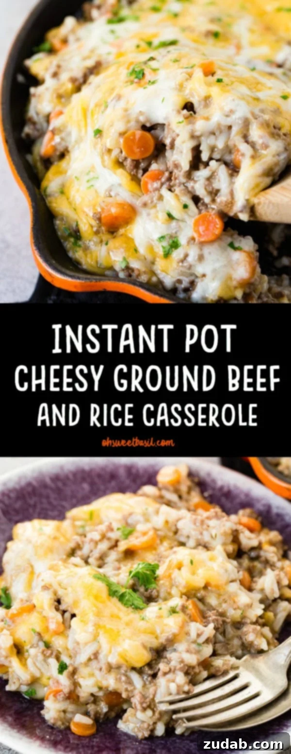 A photo of a scoop of cheesy ground beef and rice casserole being removed from an orange casts iron skillet with a wooden spoon.