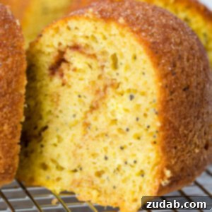 Citrus Spice Poppy Seed Bundt 6 A photo of a slice of cinnamon lemon poppy seed bundt cake sitting on a wire cooling rack.