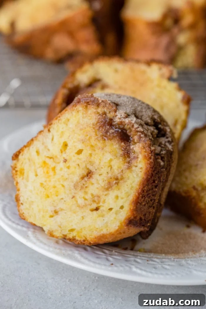 Golden Brown Sugar Cinnamon Bundt Cake 3 A close-up view of a baked slice of brown sugar cinnamon bundt cake, showing the distinct swirls of brown sugar and cinnamon nestled within the golden, moist cake.