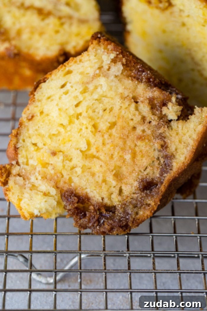 Golden Brown Sugar Cinnamon Bundt Cake 4 A perfect slice of brown sugar cinnamon bundt cake, showcasing its beautiful internal swirls and the crisp cinnamon sugar crust, cooling on a wire rack.