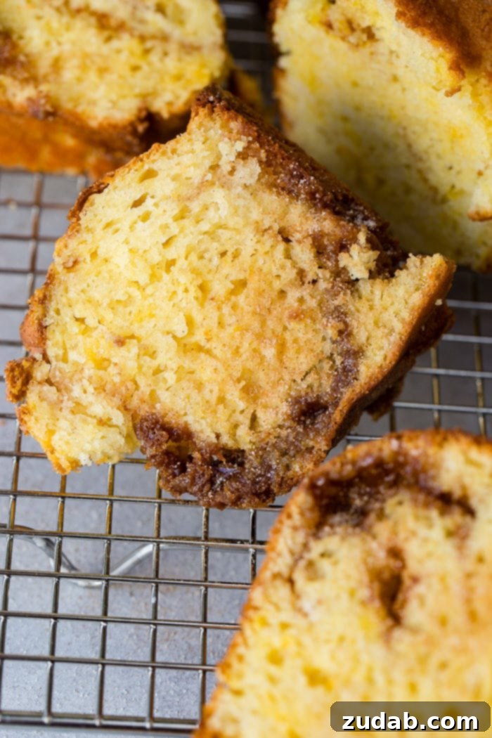 Golden Brown Sugar Cinnamon Bundt Cake 6 A delightful slice of brown sugar cinnamon bundt cake, showcasing its beautiful internal swirls and the crisp cinnamon sugar crust, cooling on a wire rack.