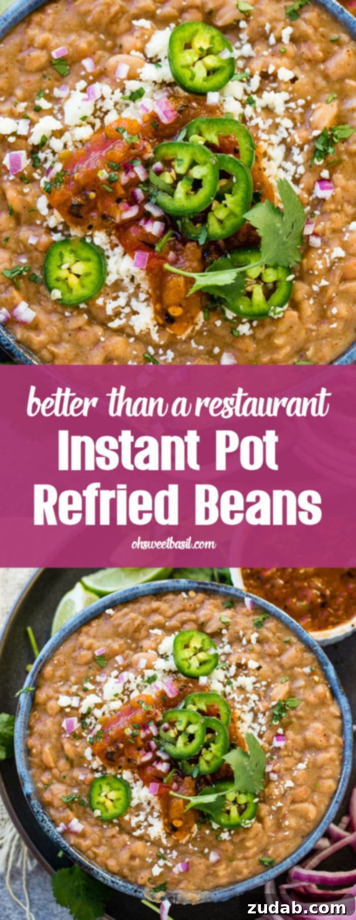 Restaurant-Quality Instant Pot Refried Beans 7 A beautifully presented bowl of creamy Instant Pot refried beans, topped with vibrant green cilantro, fresh sliced jalapeños, and crumbled Cotija cheese. A truly irresistible and authentic Mexican side dish.