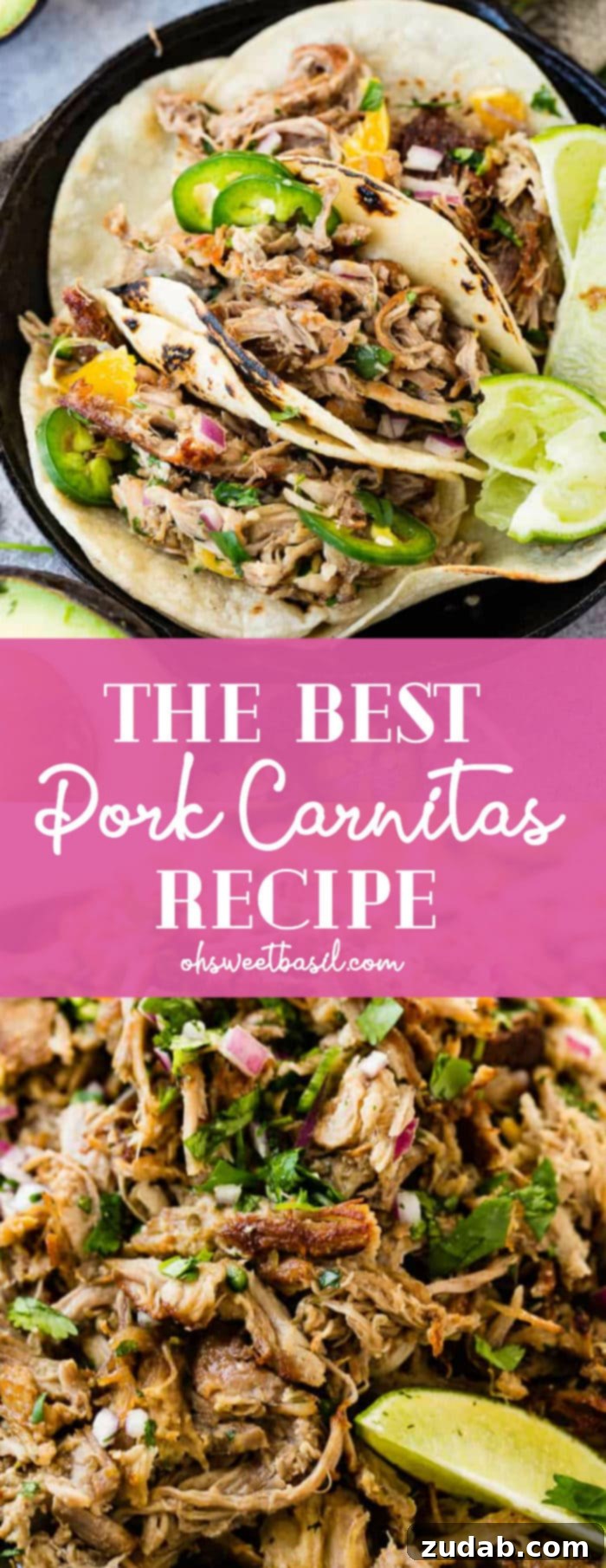 Crispy Tender Pork Carnitas Recipe 10 A photo of three pork carnitas tacos in a cast iron skillet topped with fresh jalapeno slices, diced red onions, and cilantro with a squeezed lime on the side.