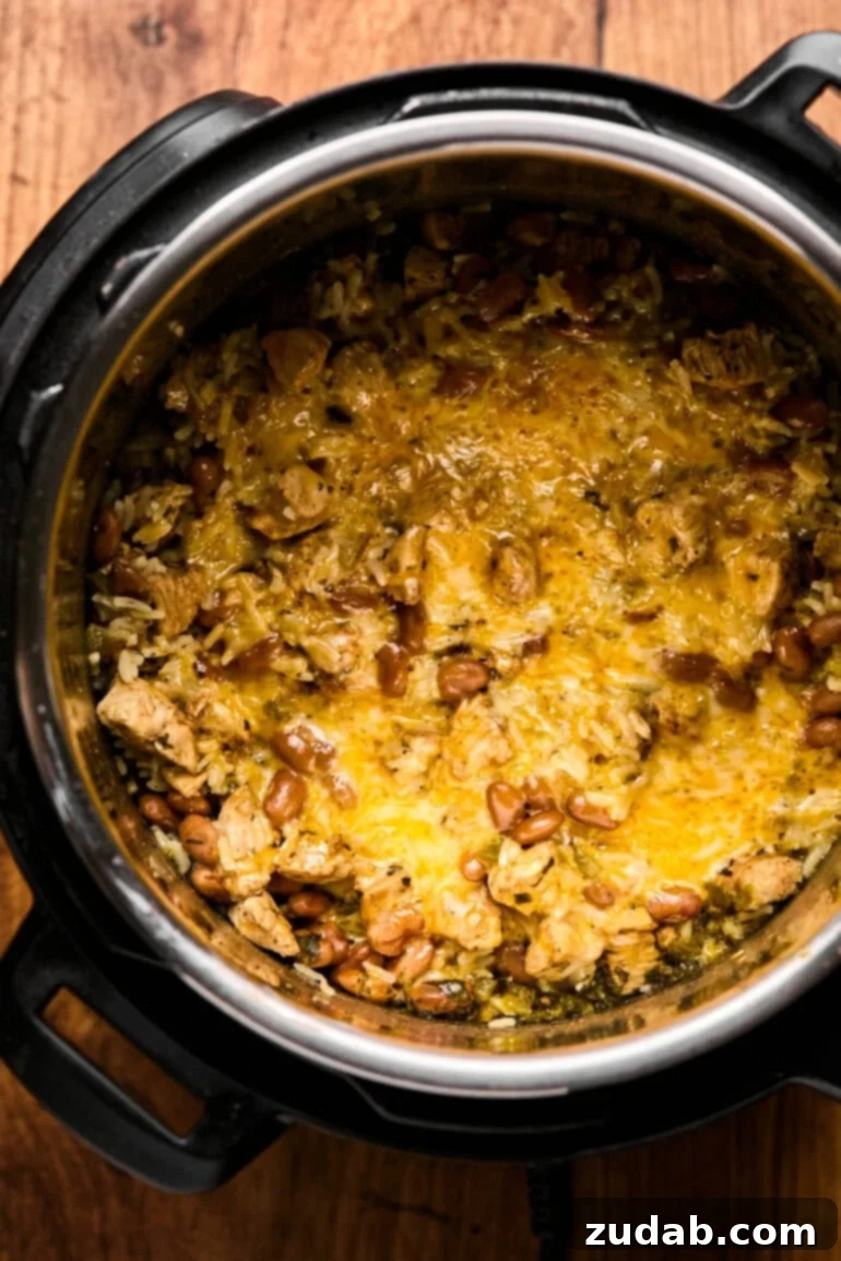 a photo of cooked cilantro lime rice chicken burrito bowl in an instant being stirred and then topped with cheesy to melt