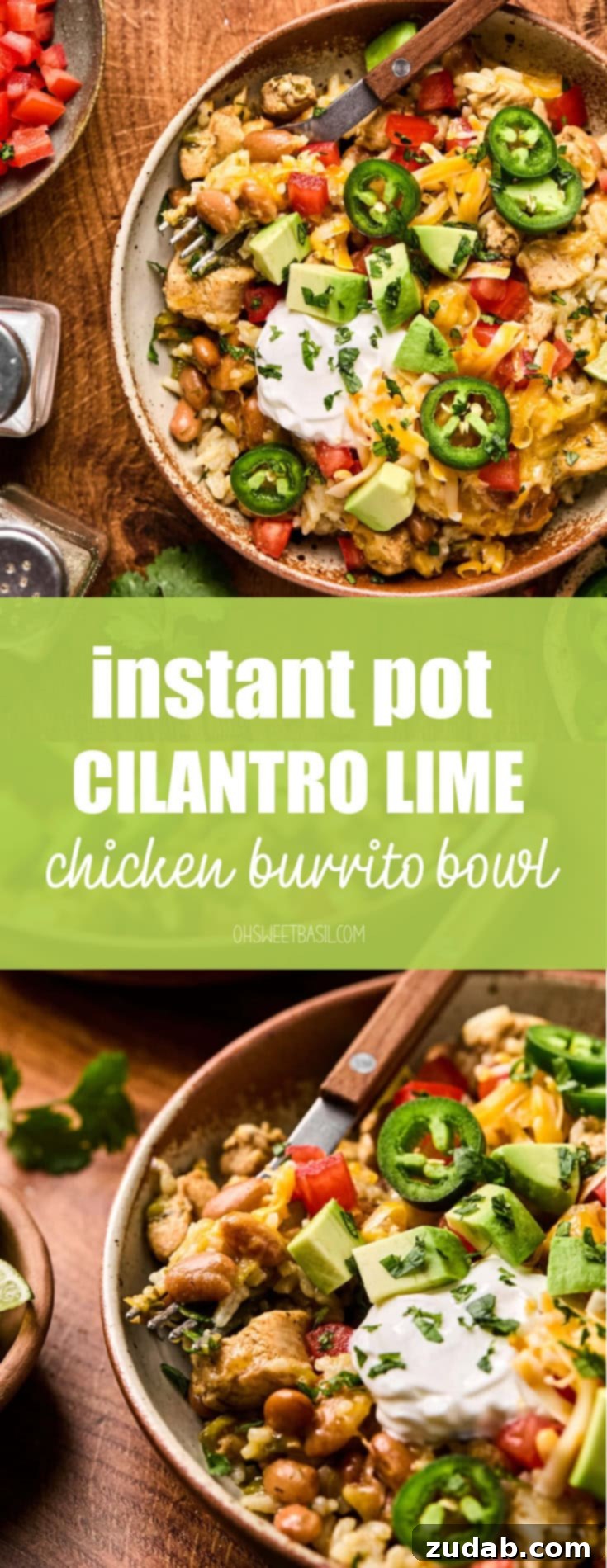 a photo of a chicken burrito bowl in a wooden bowl topped with sliced jalapenos, sour cream, avocado